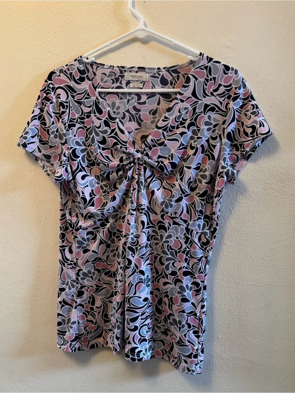 Van Heusen Y2K Ruched Baby Tee Pink Abstract Psychedelic Floral Print Top Size L